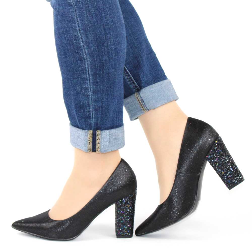 Them Derive unstable Pantofi dama eleganti cu glitter si toc gros, negri 678-BLACK la 50,00Lei -  Zibra.ro