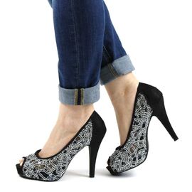 ​Pantofi de dama eleganti cu platforma si toc inalt, cu paiete si insertii stralucitoare A1281-BLACK, Marime: 36, 