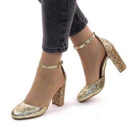 Sandale elegante de dama,cu glitter,toc inalt si gros 8681-1-GOLD, Marime: 36, 