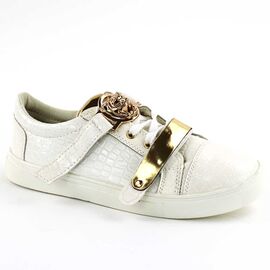 ​Pantofi casual de dama din piele eco lacuita cu accesoriu auriu 021A-WHITE, Marime: 38*, 