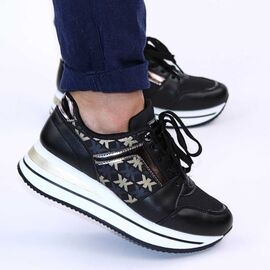 Sneakers casual de dama, cu platforma si insertii aurii 28706-BLACK, Marime: 40**, 