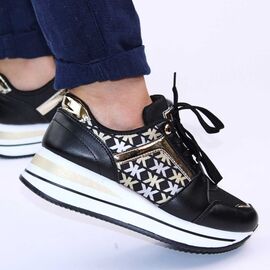 ​Sneakers casual de dama, cu platforma si insertii aurii 28706-BLACK/GOLD, Marime: 37**, 