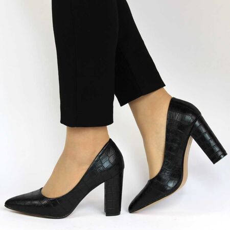 Pantofi de dama​ negri, din piele ecologica cu toc gros 608-51-BLACK, Marime: 37*, 