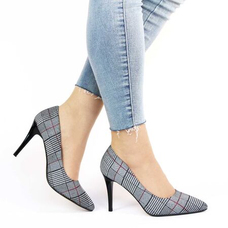 Pantofi de dama stiletto cu imprimeu de tartan, gri 608-18-D GREY, Marime: 38*, 
