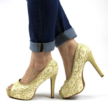 Pantofi eleganti cu platforma de dama ,decupati in varf cu dantela si insertii aurii A20-6-GOLD, Marime: 39, 