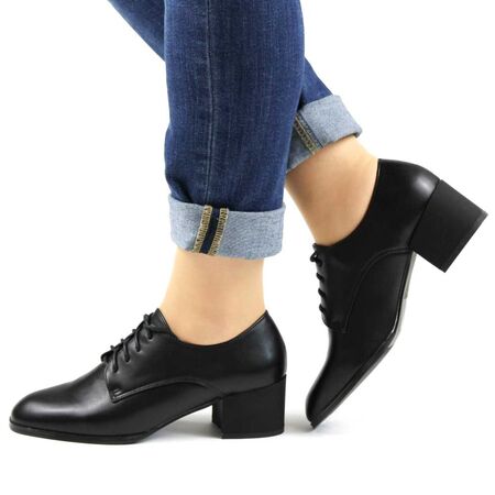 Pantofi de dama confortabili, cu siret si toc gros de inaltime medie 1683-2Y-BLACK, Marime: 38, 