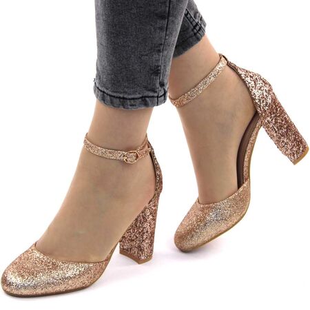 Sandale elegante de dama,cu glitter,toc inalt si gros 8681-1-CHAMPAGNE, Marime: 38, 