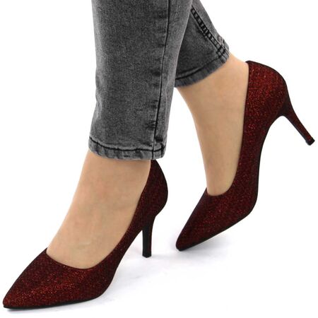 Pantofi de dama, stiletto, decorati cu glitter H7-WINE​, Marime: 38, 