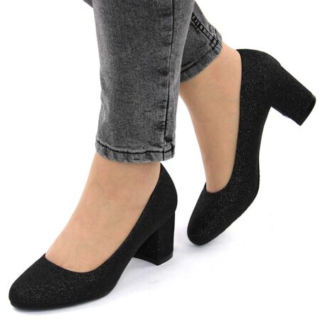 Pantofi de dama eleganti, cu toc mediu, gros, negri H19-BLACK, Marime: 37, 