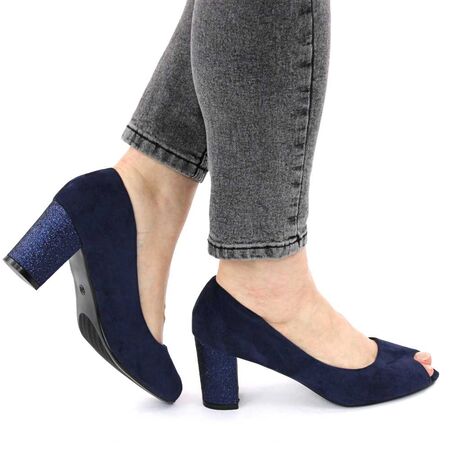 Pantofi de dama, eleganti, decupati in varf, cu toc decorat cu glitter H32-DK.BLUE, Marime: 38, 