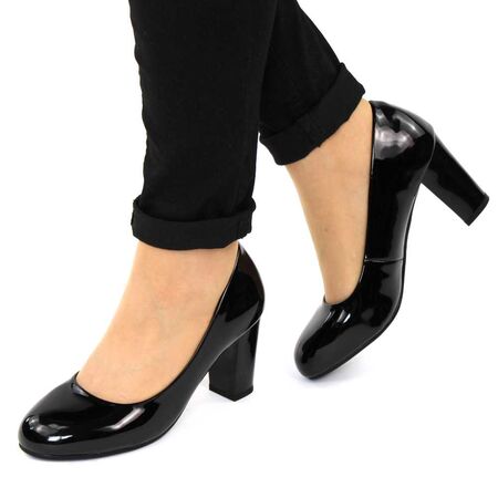 ​Pantofi de dama lacuiti, cu varf rotunjit si toc inalt B1007-BLACK, Marime: 37, 